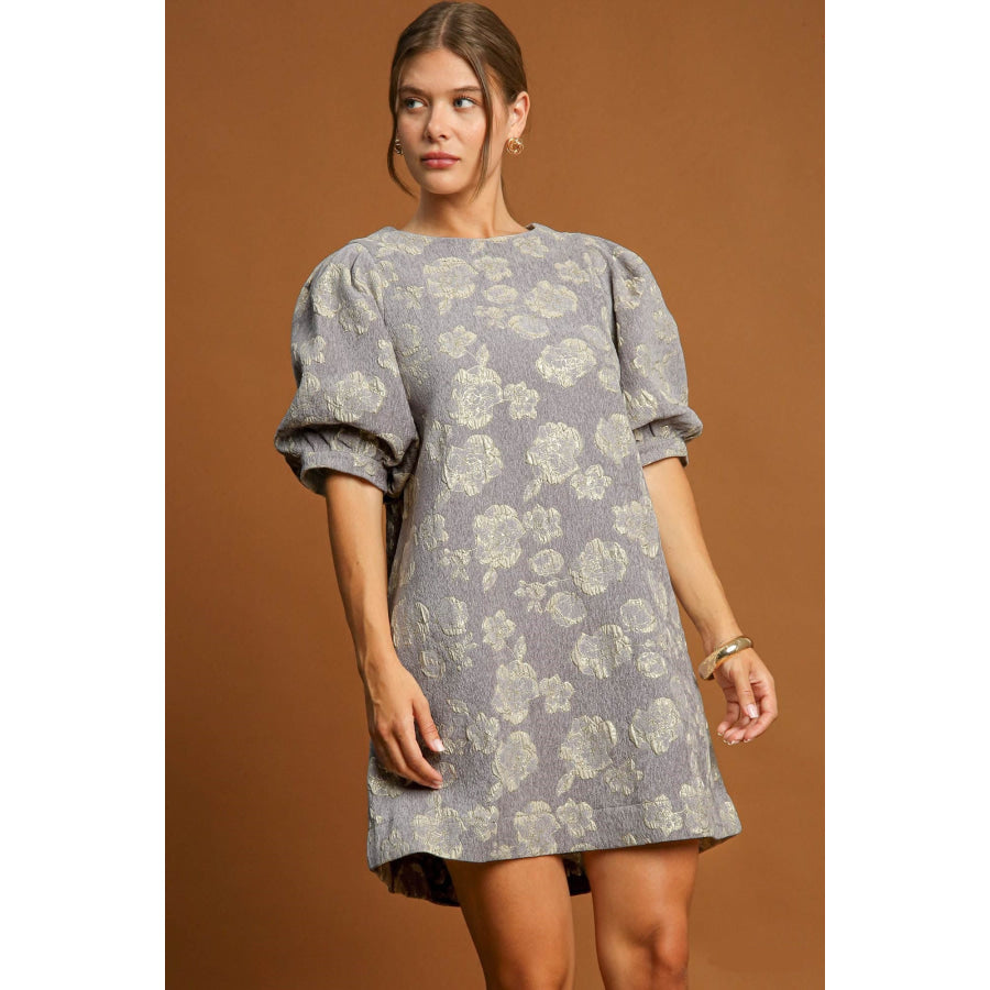 Umgee Floral Jacquard Puff Sleeve Mini Dress Gray / S Apparel and Accessories