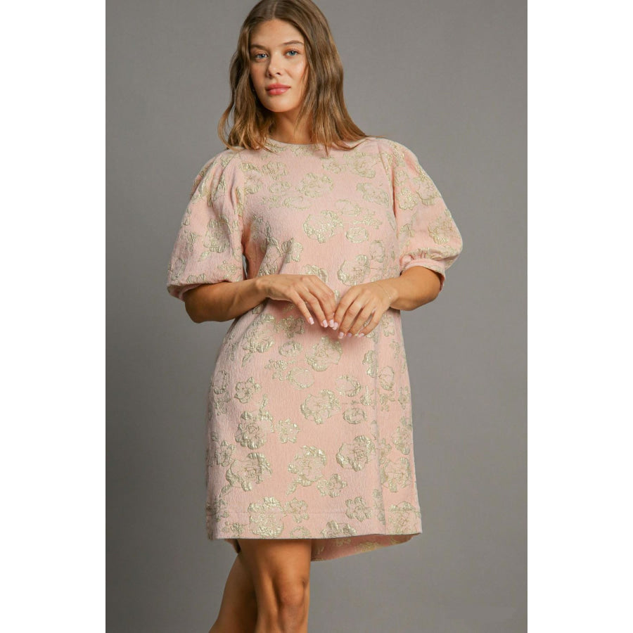 Umgee Floral Jacquard Puff Sleeve Mini Dress Lt.Pink / S Apparel and Accessories