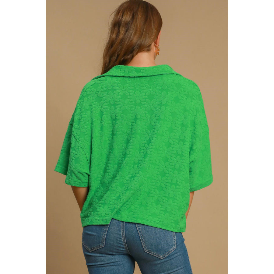 Umgee Floral Johnny Collar Half Sleeve Jacquard Top Green / S Apparel and Accessories