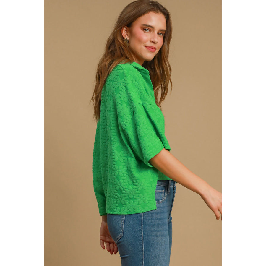 Umgee Floral Johnny Collar Half Sleeve Jacquard Top Apparel and Accessories