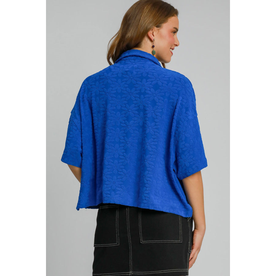 Umgee Floral Johnny Collar Half Sleeve Jacquard Top Royal Blue / S Apparel and Accessories