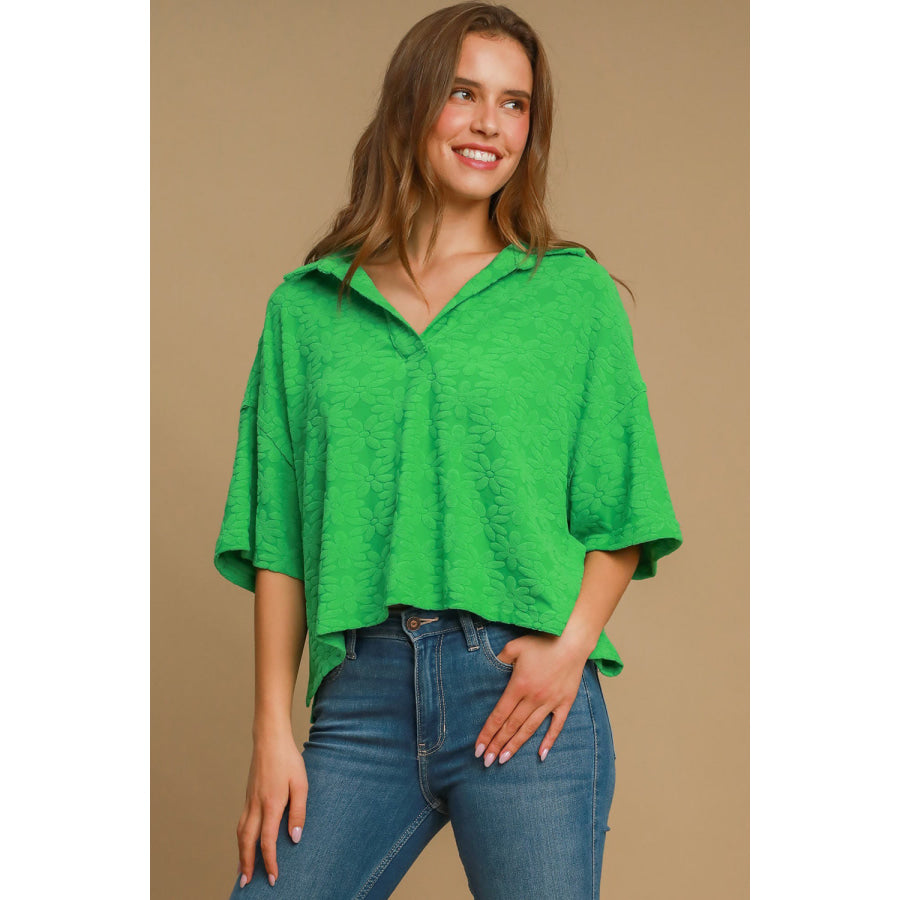 Umgee Floral Johnny Collar Half Sleeve Jacquard Top Green / S Apparel and Accessories