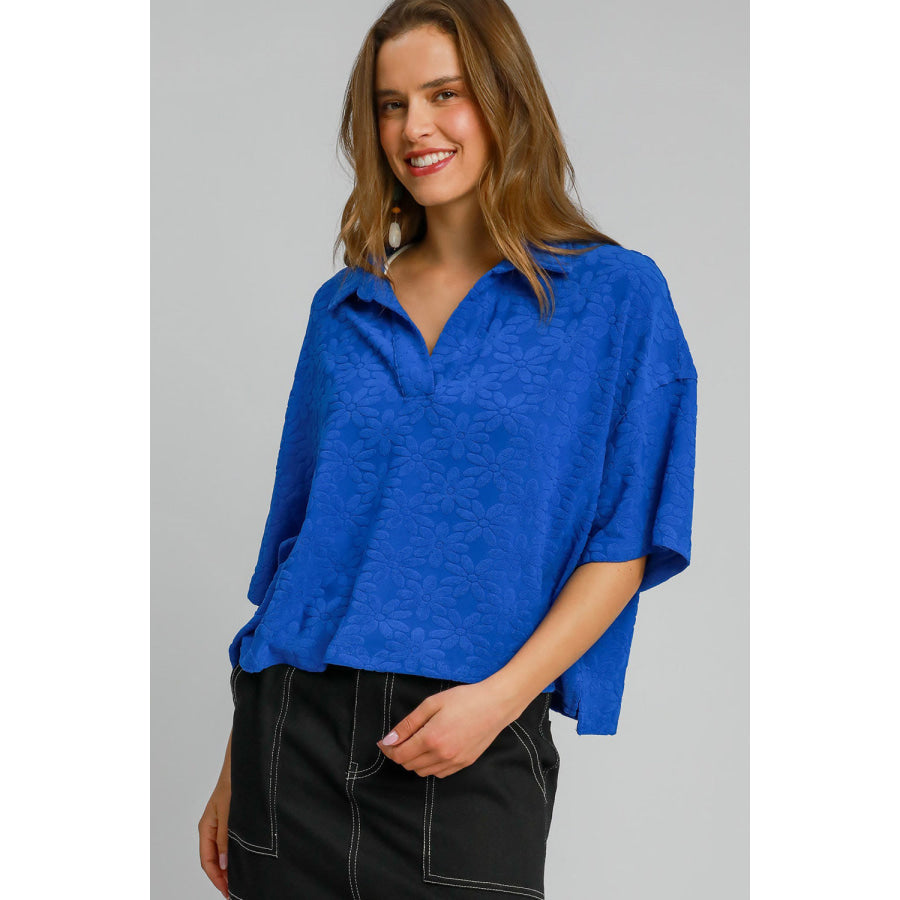 Umgee Floral Johnny Collar Half Sleeve Jacquard Top Royal Blue / S Apparel and Accessories