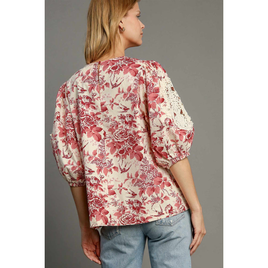 Umgee Floral Pleated Detail Lace Trim Sleeve Blouse Apparel and Accessories