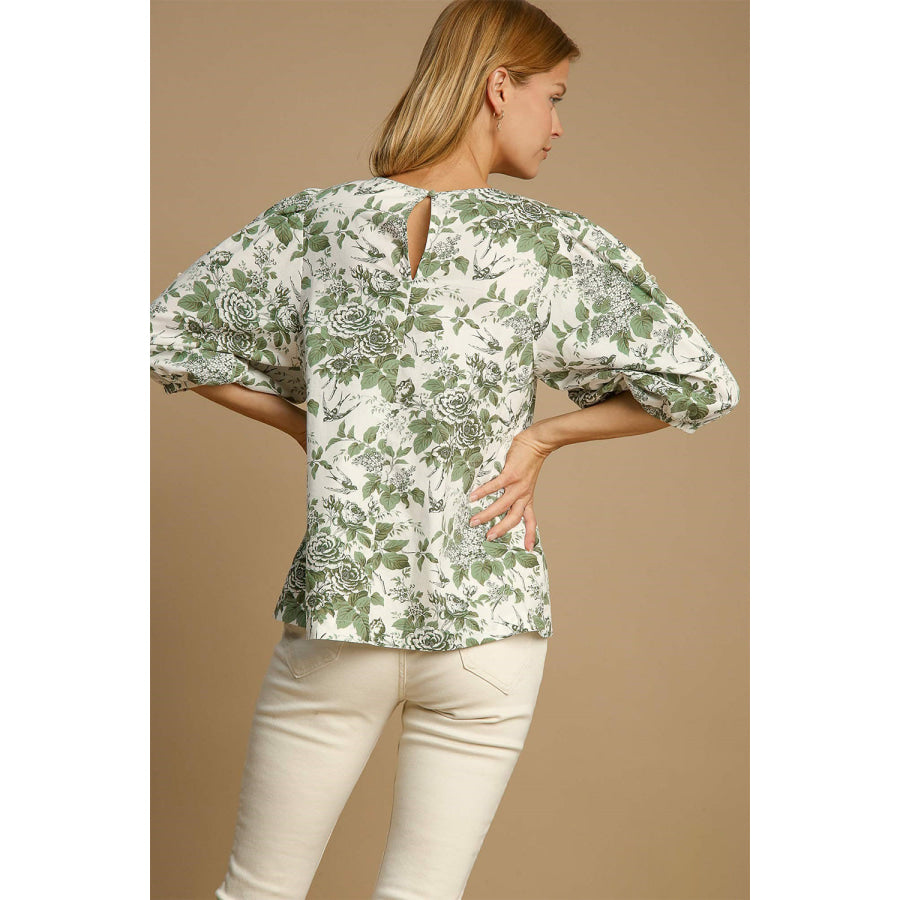 Umgee Floral Pleated Detail Lace Trim Sleeve Blouse Sage / S Apparel and Accessories