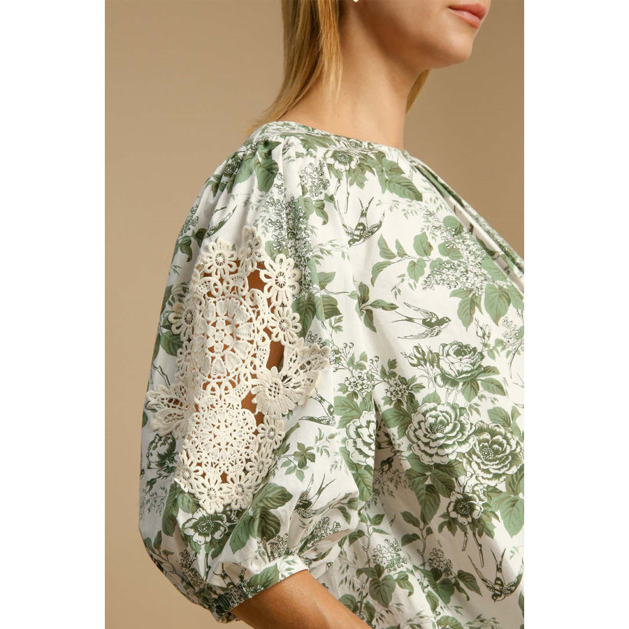 Umgee Floral Pleated Detail Lace Trim Sleeve Blouse Apparel and Accessories