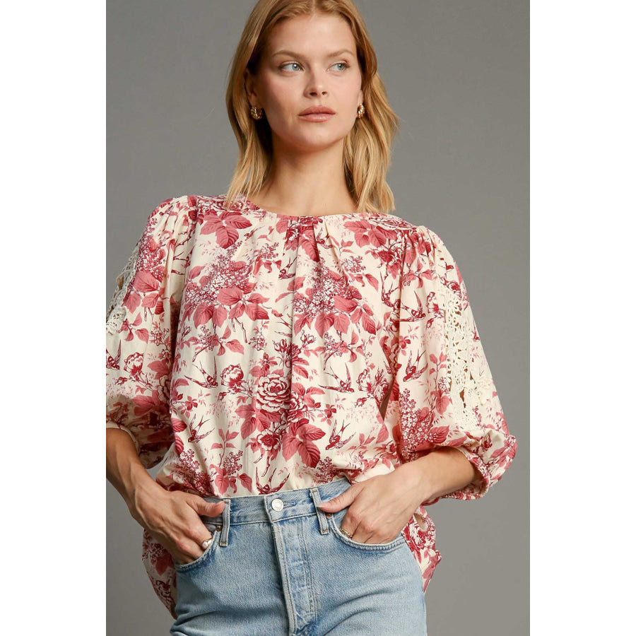 Umgee Floral Pleated Detail Lace Trim Sleeve Blouse Pink Mix / S Apparel and Accessories