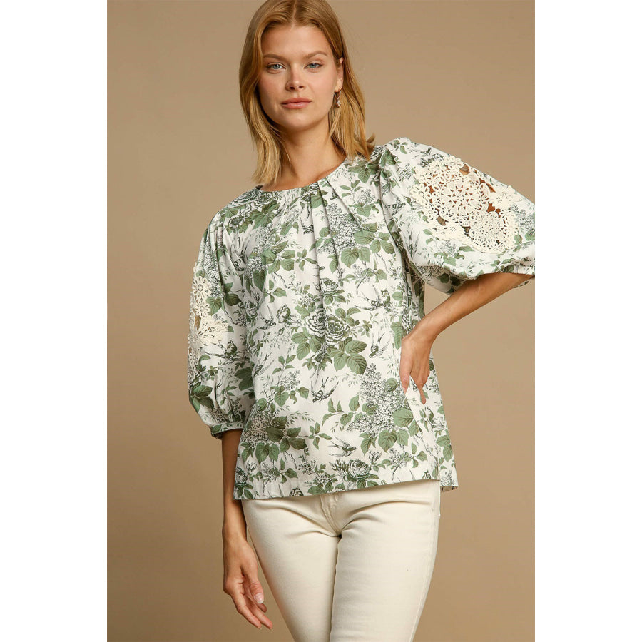 Umgee Floral Pleated Detail Lace Trim Sleeve Blouse Sage / S Apparel and Accessories