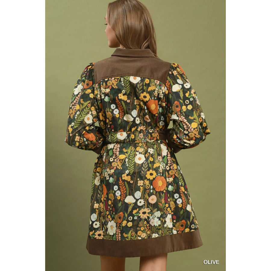 Umgee Floral Print Belted Puff Sleeve Mini Dress Apparel and Accessories