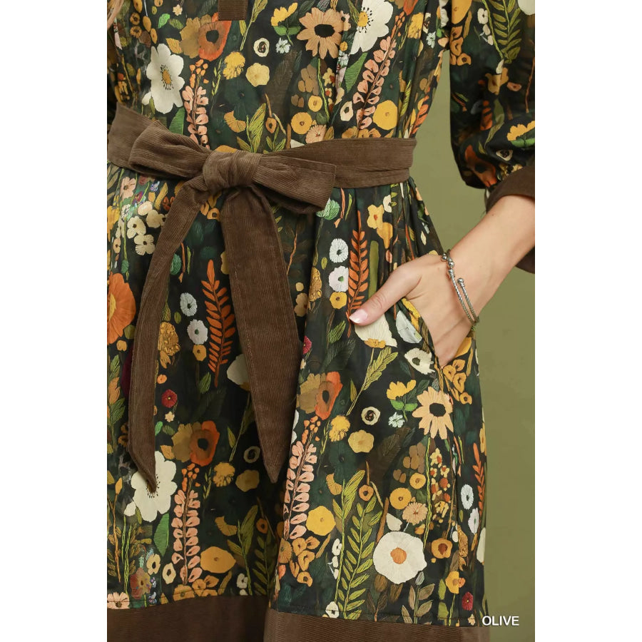 Umgee Floral Print Belted Puff Sleeve Mini Dress Apparel and Accessories