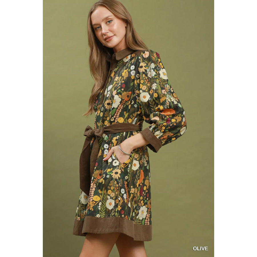 Umgee Floral Print Belted Puff Sleeve Mini Dress OLIVE / S Apparel and Accessories