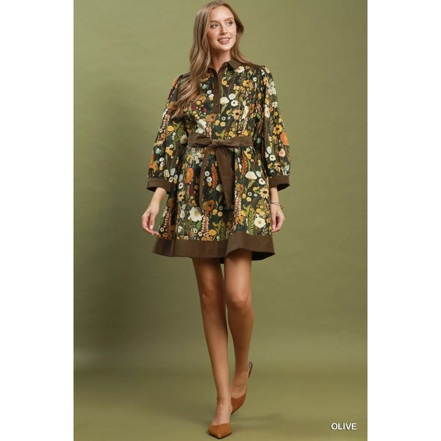 Umgee Floral Print Belted Puff Sleeve Mini Dress Apparel and Accessories