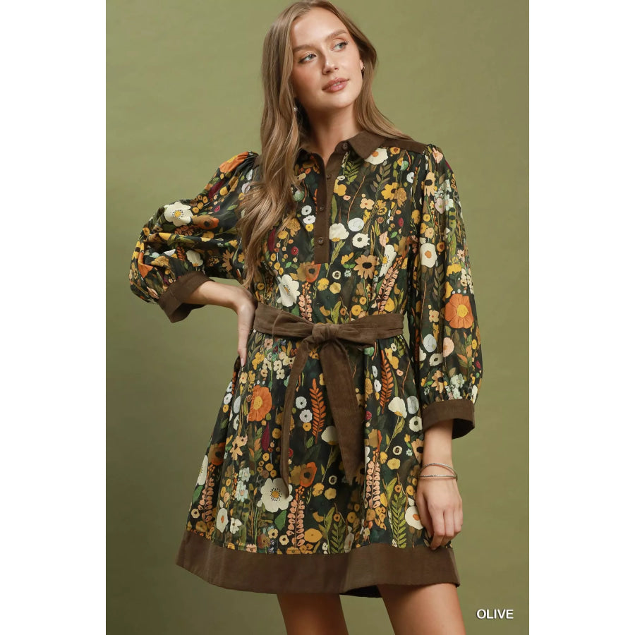 Umgee Floral Print Belted Puff Sleeve Mini Dress OLIVE / S Apparel and Accessories
