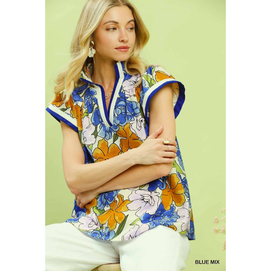 Umgee Floral Print Blouse with Contrast Trim Apparel and Accessories