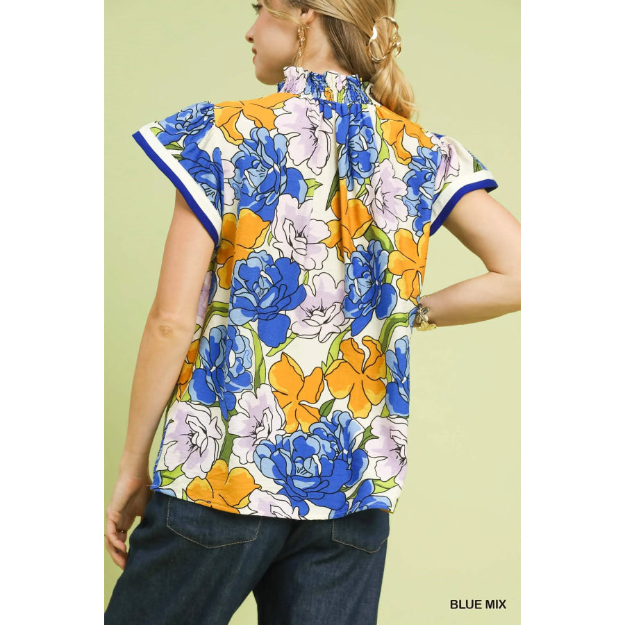 Umgee Floral Print Blouse with Contrast Trim Apparel and Accessories
