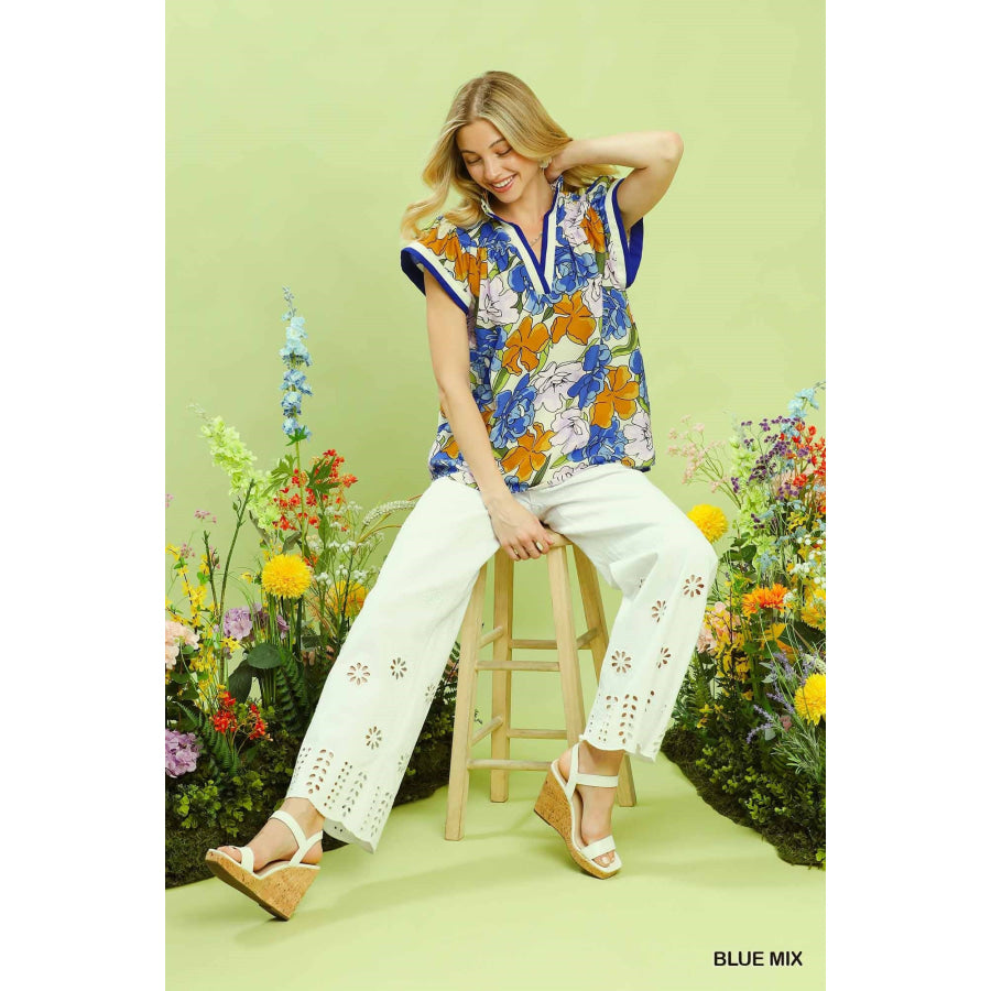 Umgee Floral Print Blouse with Contrast Trim Apparel and Accessories