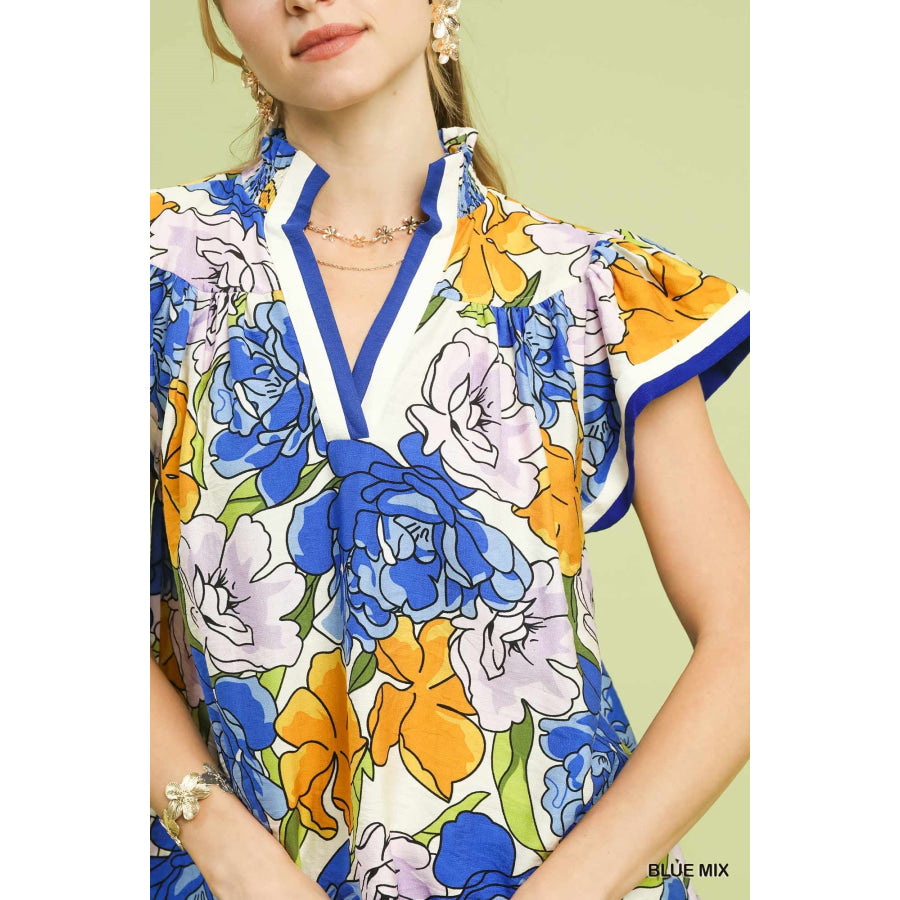 Umgee Floral Print Blouse with Contrast Trim Apparel and Accessories