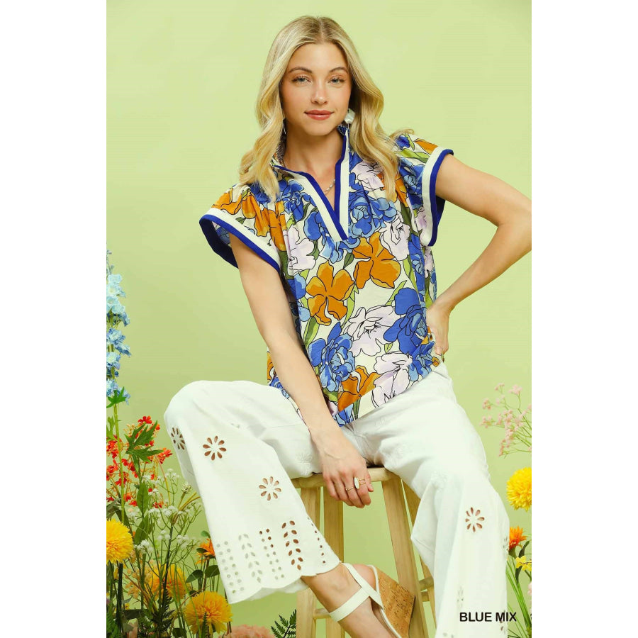 Umgee Floral Print Blouse with Contrast Trim BLUE MIX / S Apparel and Accessories