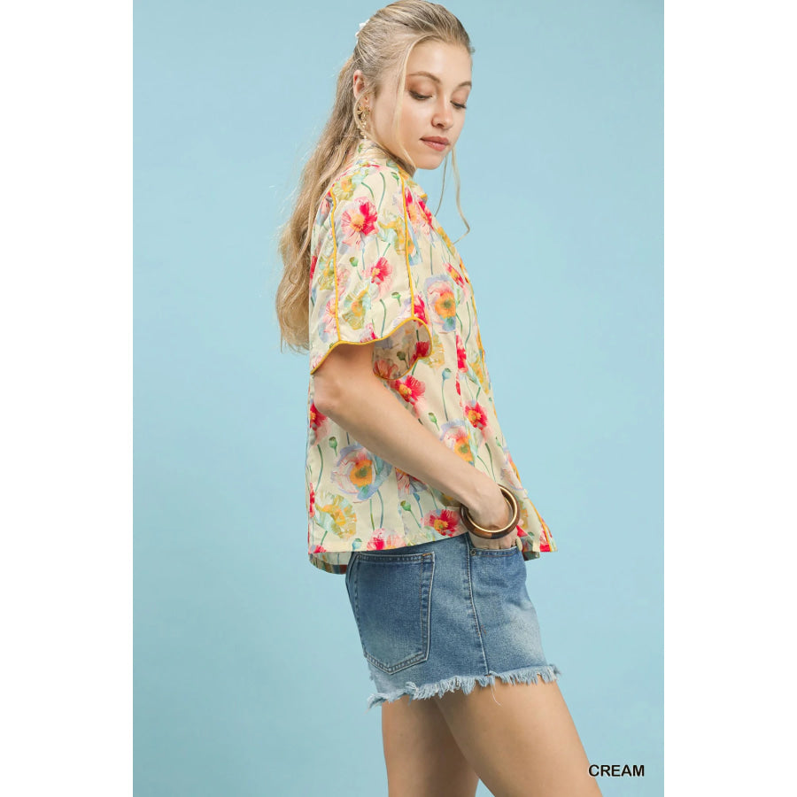 Umgee Floral Print Button-Down Blouse with Flutter Sleeves Apparel and Accessories