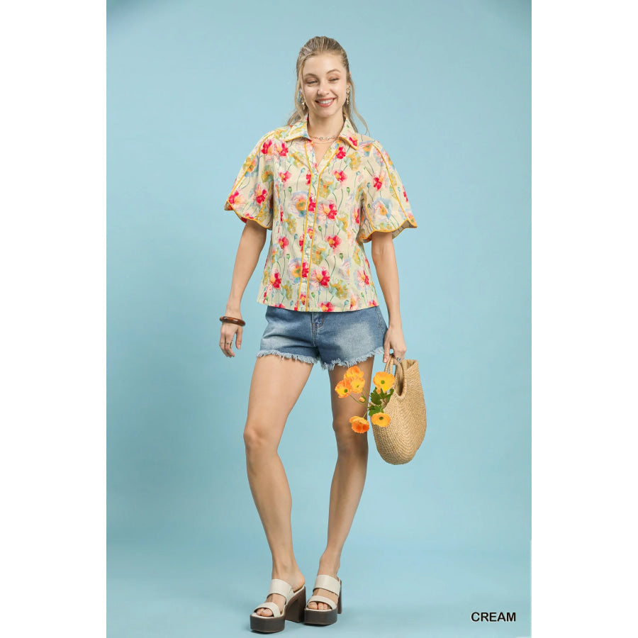 Umgee Floral Print Button-Down Blouse with Flutter Sleeves Apparel and Accessories