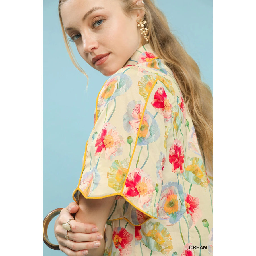 Umgee Floral Print Button-Down Blouse with Flutter Sleeves Apparel and Accessories