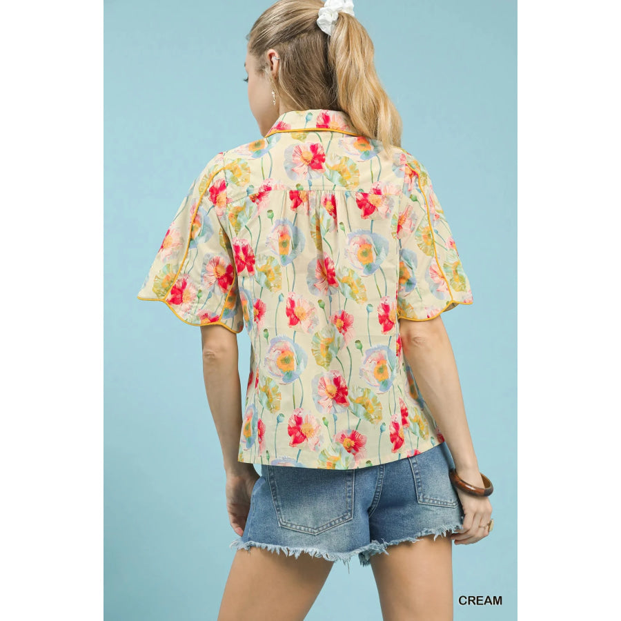 Umgee Floral Print Button-Down Blouse with Flutter Sleeves Apparel and Accessories