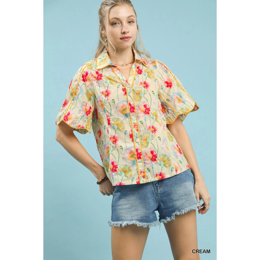 Umgee Floral Print Button-Down Blouse with Flutter Sleeves CREAM / S Apparel and Accessories