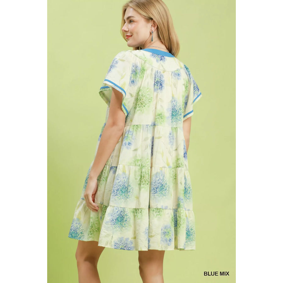 Umgee Floral Print Contrast Trim Tiered Babydoll Dress Apparel and Accessories