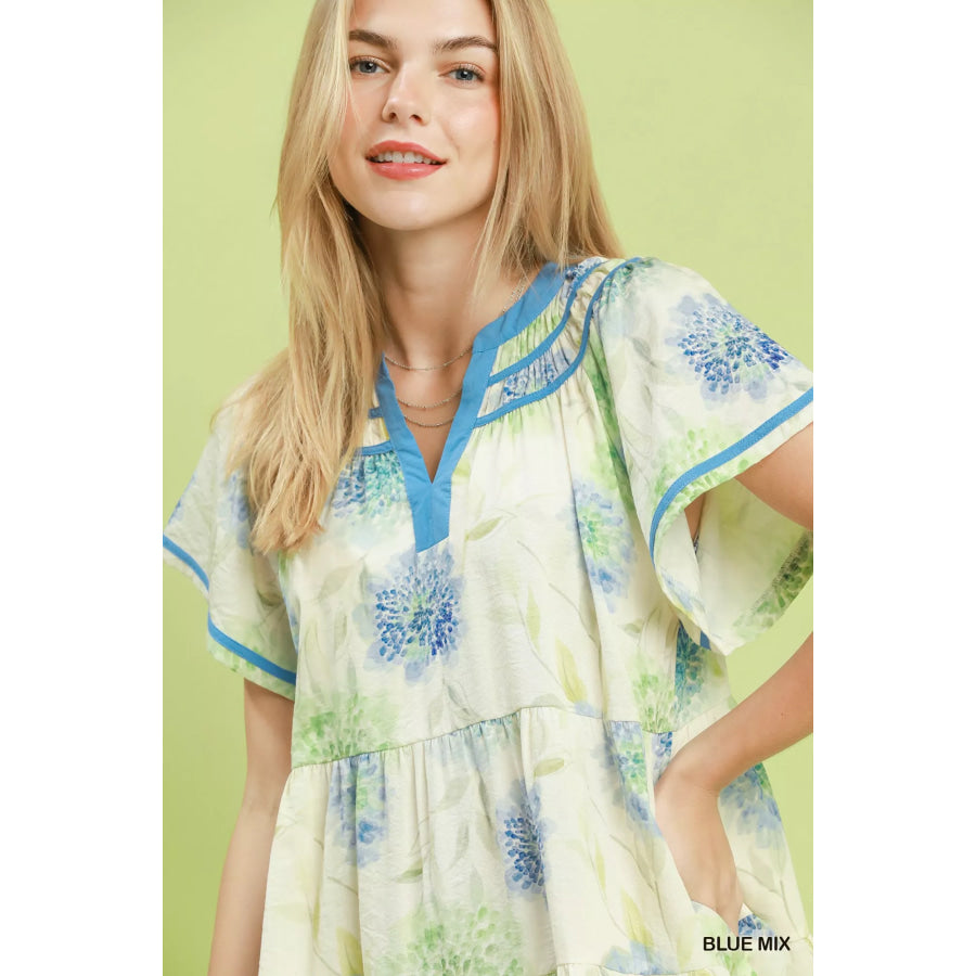 Umgee Floral Print Contrast Trim Tiered Babydoll Dress Apparel and Accessories