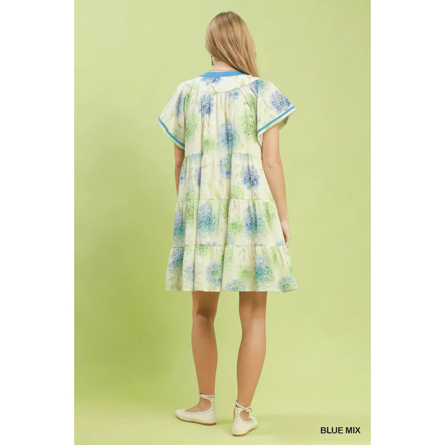Umgee Floral Print Contrast Trim Tiered Babydoll Dress Apparel and Accessories
