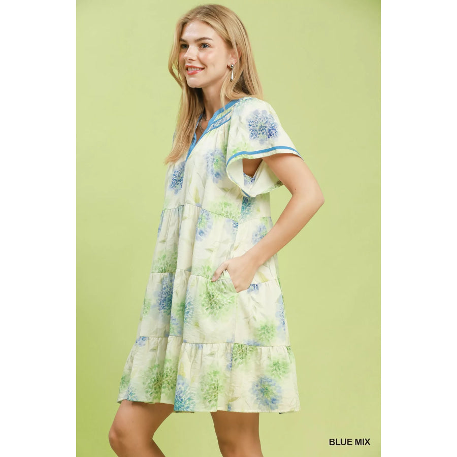 Umgee Floral Print Contrast Trim Tiered Babydoll Dress BLUE MIX / S Apparel and Accessories