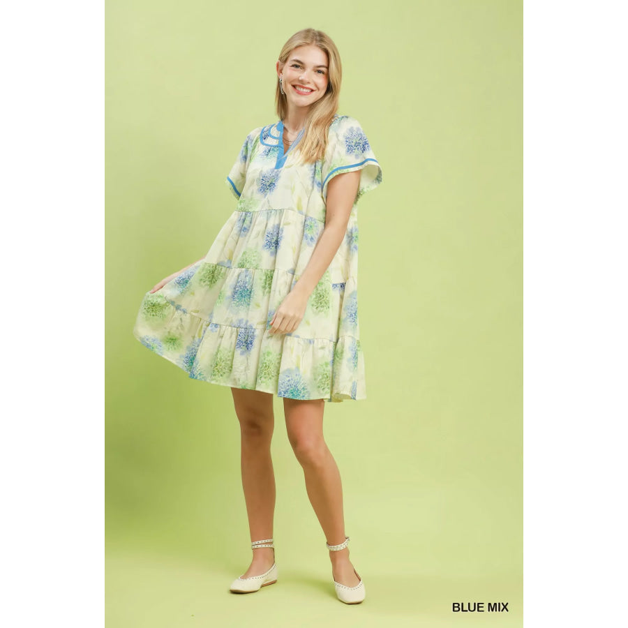 Umgee Floral Print Contrast Trim Tiered Babydoll Dress Apparel and Accessories