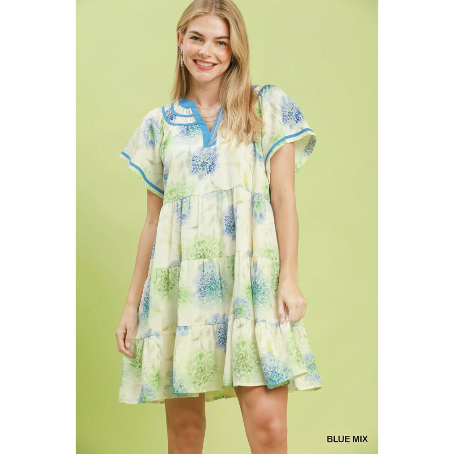 Umgee Floral Print Contrast Trim Tiered Babydoll Dress BLUE MIX / S Apparel and Accessories