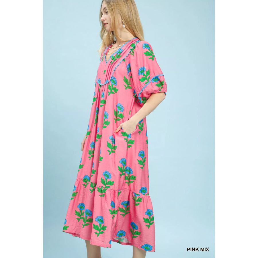 Umgee Floral Print Midi Dress Apparel and Accessories