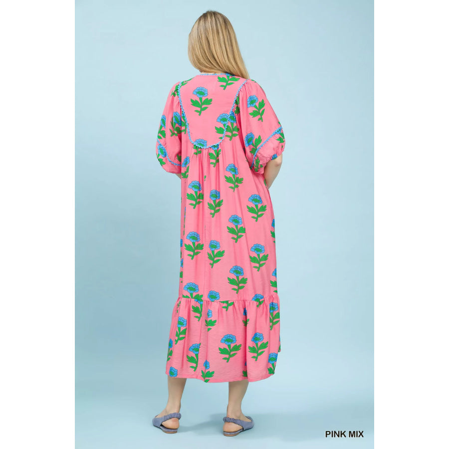Umgee Floral Print Midi Dress Apparel and Accessories