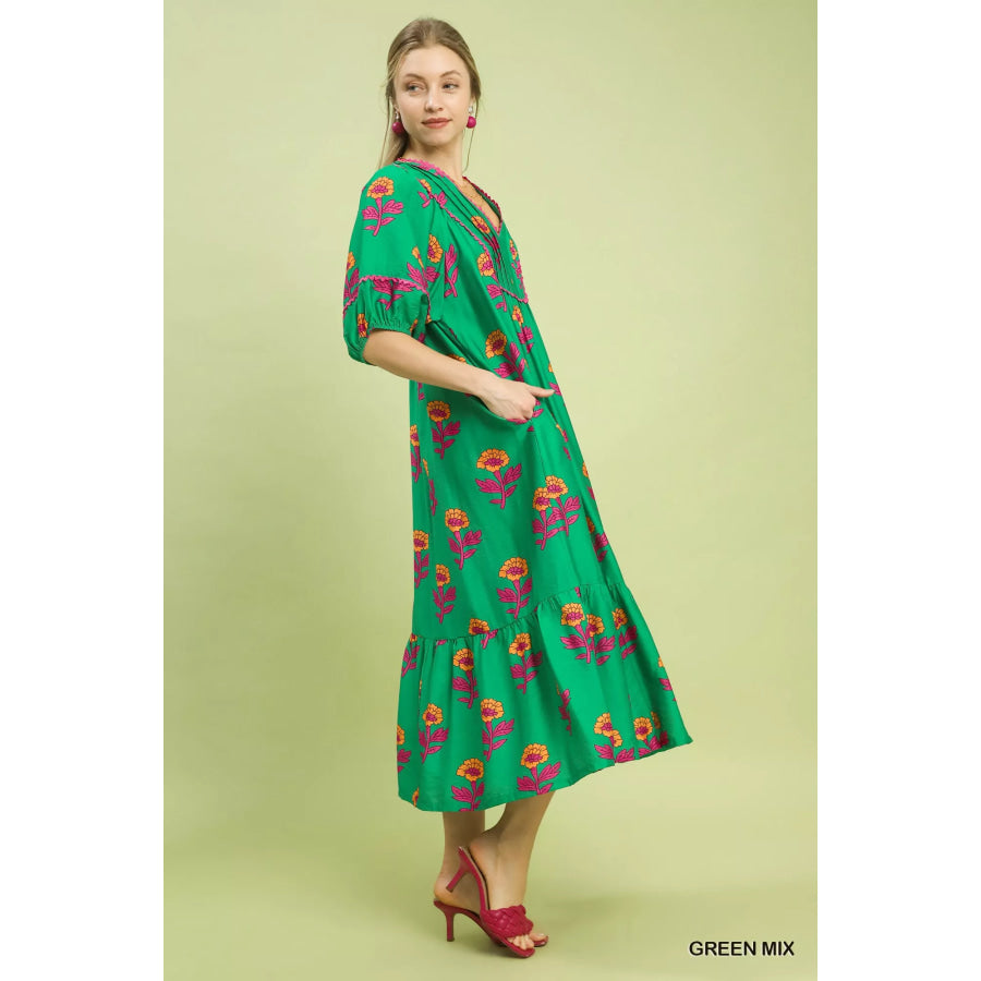 Umgee Floral Print Midi Dress Apparel and Accessories