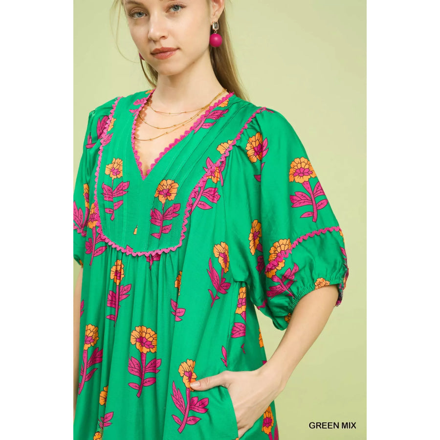 Umgee Floral Print Midi Dress Apparel and Accessories