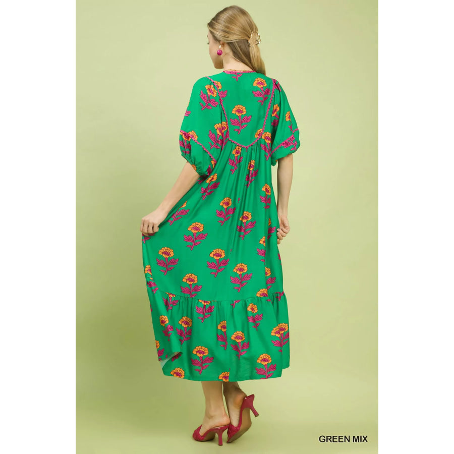 Umgee Floral Print Midi Dress Apparel and Accessories