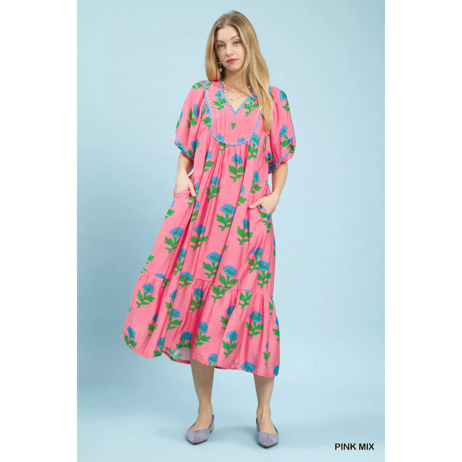 Umgee Floral Print Midi Dress Apparel and Accessories