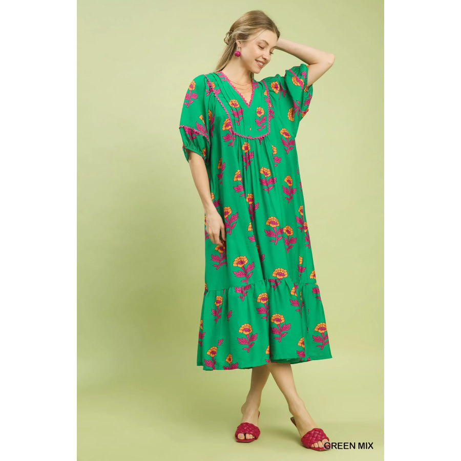 Umgee Floral Print Midi Dress Apparel and Accessories