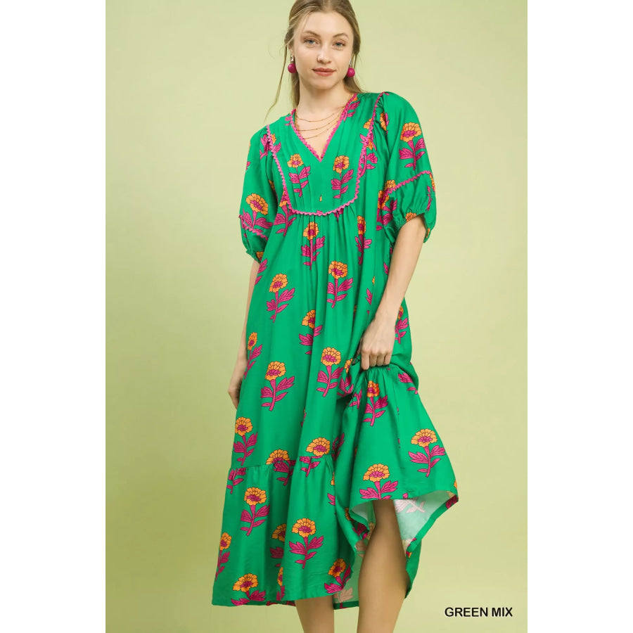 Umgee Floral Print Midi Dress GREEN MIX / S Apparel and Accessories