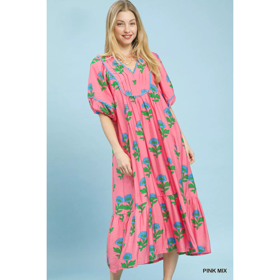 Umgee Floral Print Midi Dress PINK MIX / S Apparel and Accessories