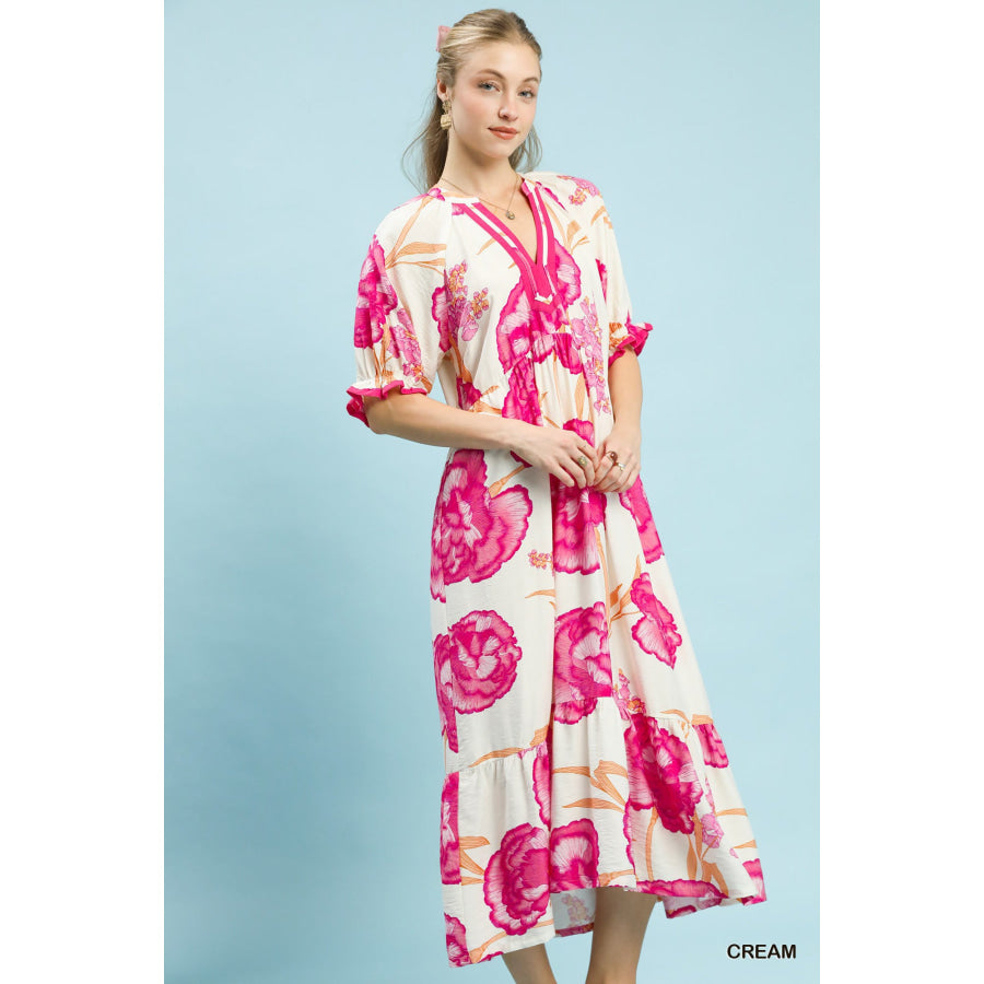 Umgee Floral Print Midi Dress with Contrast Trim CREAM / S Apparel and Accessories
