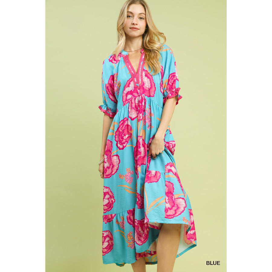 Umgee Floral Print Midi Dress with Contrast Trim Apparel and Accessories