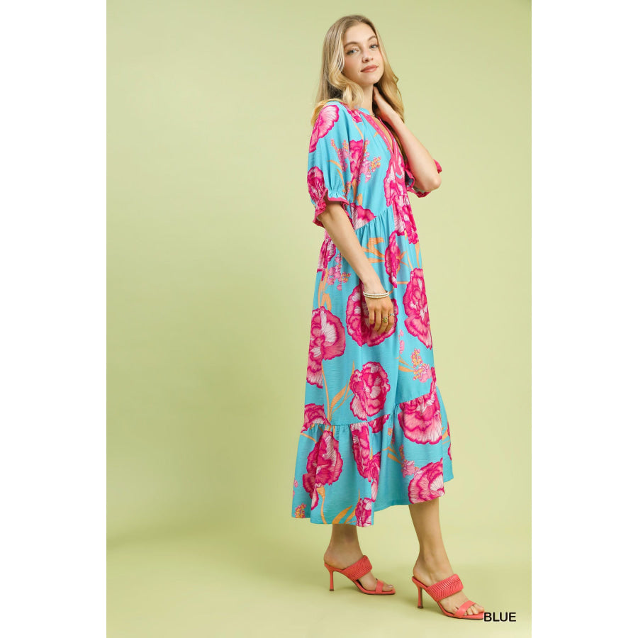 Umgee Floral Print Midi Dress with Contrast Trim Apparel and Accessories