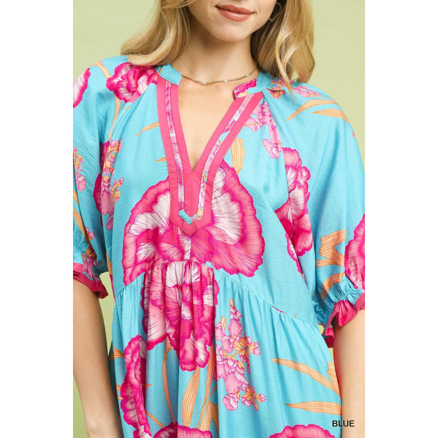 Umgee Floral Print Midi Dress with Contrast Trim Apparel and Accessories