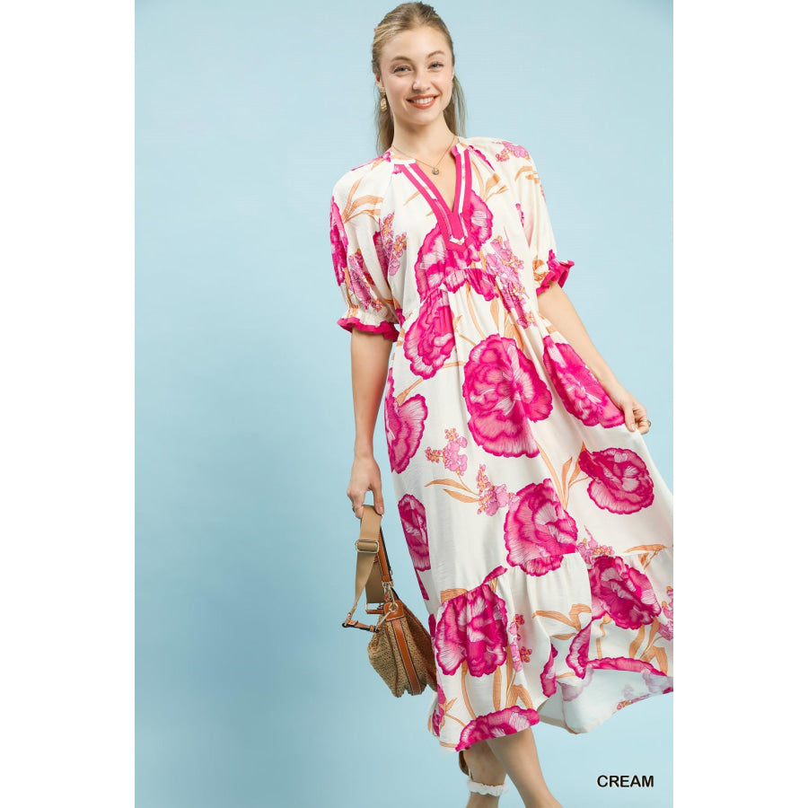 Umgee Floral Print Midi Dress with Contrast Trim Apparel and Accessories
