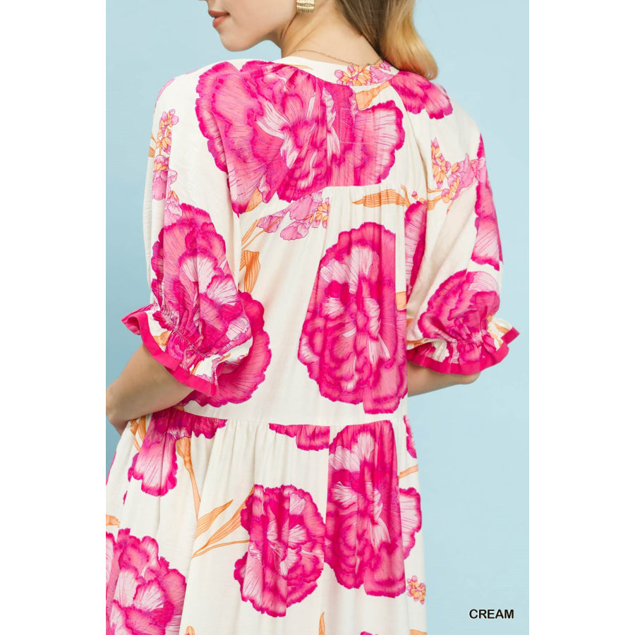 Umgee Floral Print Midi Dress with Contrast Trim Apparel and Accessories