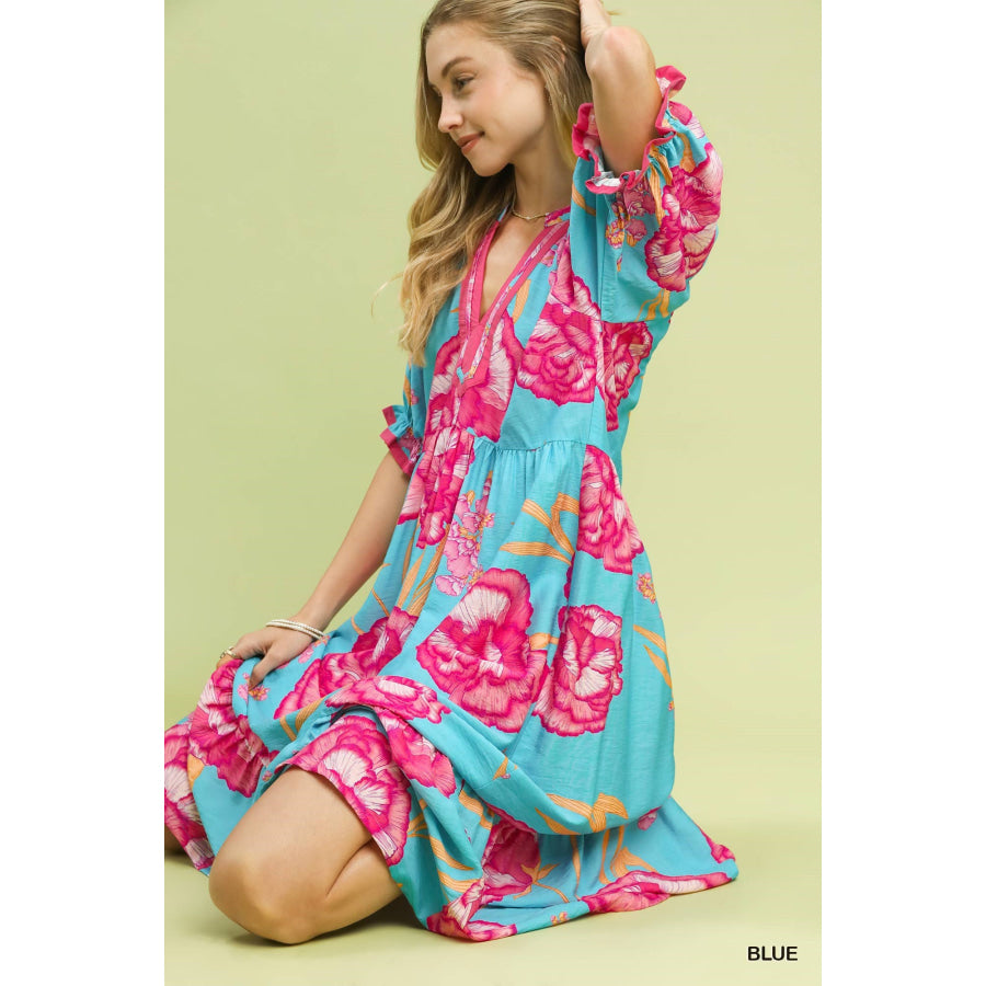 Umgee Floral Print Midi Dress with Contrast Trim Apparel and Accessories