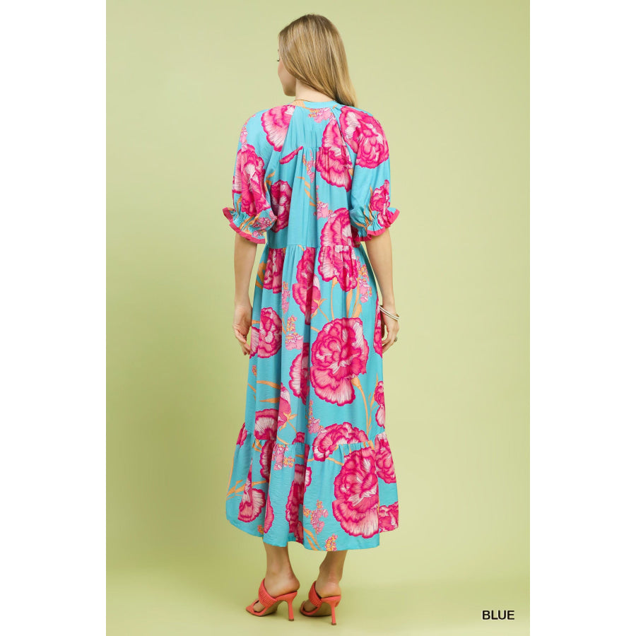 Umgee Floral Print Midi Dress with Contrast Trim Apparel and Accessories